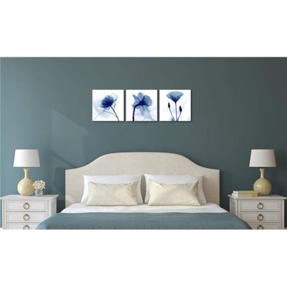 Art Blue Abstract Flowers 3 Panels Giclee Canvas Prints Wall Art Modern - Picture 11 of 14